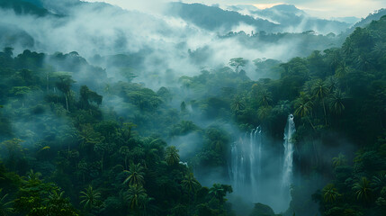 Fototapeta na wymiar A dense tropical rainforest, with misty waterfalls as the background, during early morning fog