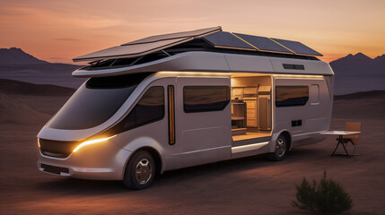 Futuristic design of electric camper van powered solar energy panel. Camper van with solar panels on the roof.