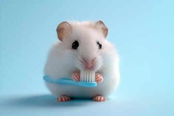 Cute white fluffy hamster brushes teeth using toothbrush on blue backdrop.