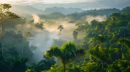 Abwaschbare Fototapete Morgen mit Nebel A dense tropical rainforest, with misty waterfalls as the background, during early morning fog