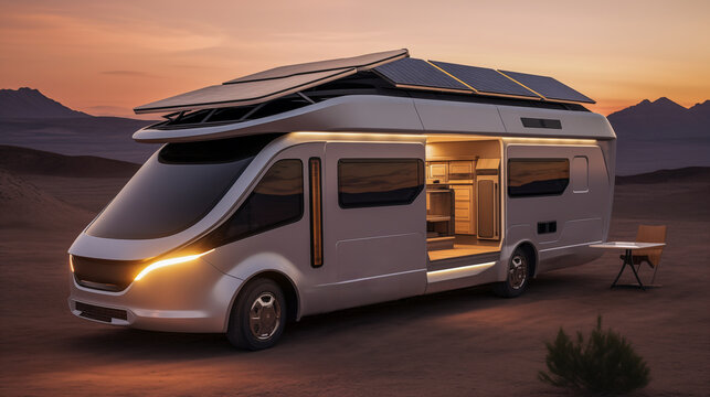 Futuristic design of electric camper van powered solar energy panel. Camper van with solar panels on the roof.