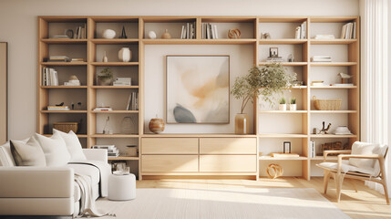 earthtone woody modern living room interior with bookshelf - obrazy, fototapety, plakaty