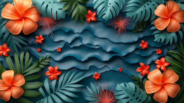 Creative vibrant dark blue tropical background of sea waves and palm tree leaves with orange flowers of frangipani, red jasmine.