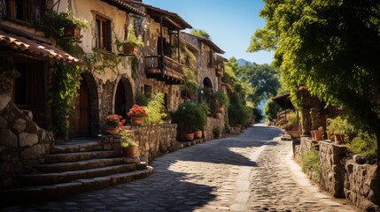 A quaint secluded village nestled in a valley, rustic houses, tranquil streets, a serene and simple