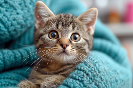 Adorable tabby kitten with wide opened eyes wrapped in a knitted blanket