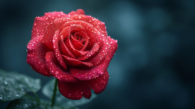 A vibrant red rose adorned with dew drops, captured in a close-up macro shot. This image is perfect for: romance, nature photography, floral art, love, beauty.
