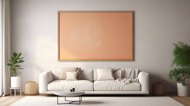 A mockup of a modern living room with a blank white empty frame, showcasing a dynamic, abstract digital collage that sparks curiosity and intrigue.