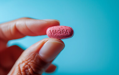 Viagra pink pill in fingers close up in front of blue background.