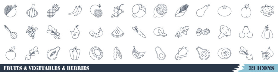 Set of 39 outline icons related to fruits, vegetables and berries. Vector linear icon collection. Editable stroke.