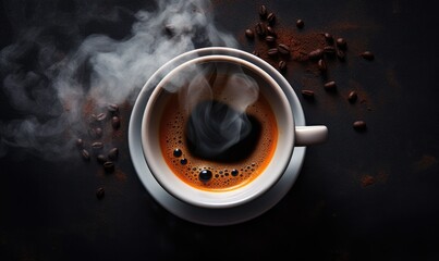 A cup of hot espresso coffee with a steam. Top view. - obrazy, fototapety, plakaty