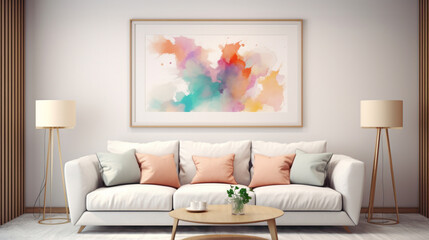 A mockup of a modern living room with a blank white empty frame, showcasing a dynamic, abstract digital painting that energizes the space.