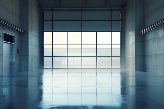 Empty warehouse interior with large windows and reflections. 3D Rendering