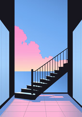 Contemporary aesthetic background with geometric stairs, panoramic windows overlooking sea and clouds. Boho minimal wall art. Home decor psychedelic wall prints. Vector. Trendy bright gradient colors.