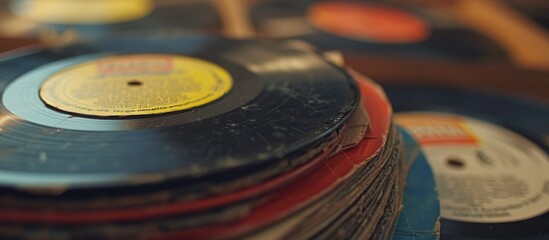 Vintage stack of nostalgic vinyl records collection in retro music concept