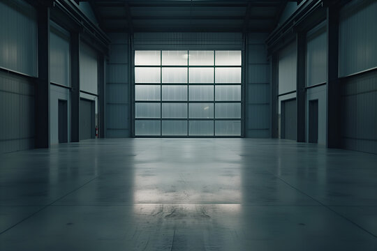 3d rendering of an empty warehouse with large windows and concrete floor