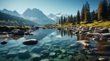 A tranquil mountain lake, crystal clear waters reflecting the towering peaks, a gentle mist rising f - obrazy, fototapety, plakaty