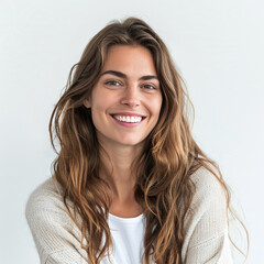 Portrait of a smiling woman with a white background headshot
