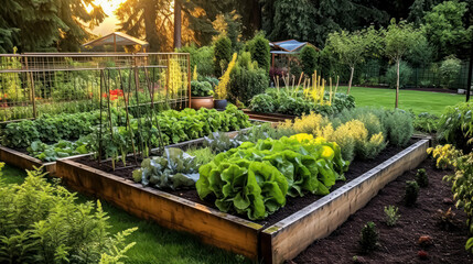 Fototapeta na wymiar An idyllic scene unfolds as neatly arranged vegetable and herb beds thrive in a lush garden, showcasing the beauty and bounty of nature's bounty.