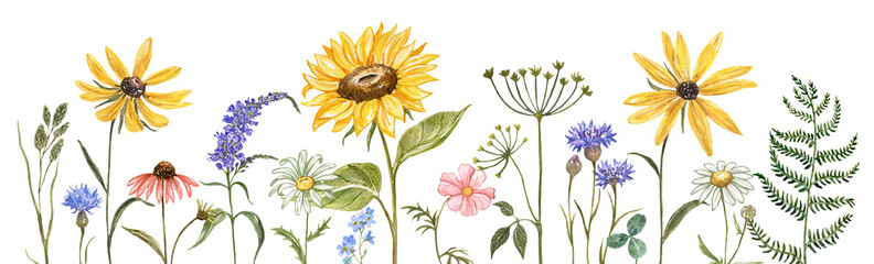 Summer floral border. The watercolor illustration features assorted wildflowers and grasses....