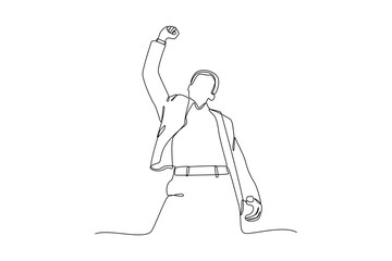 One continuous line drawing of expression when achieving goals. Teamwork concept single line draw design vector illustration. Dream come true. Achieving goals.