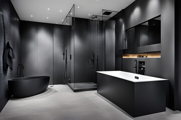 Modern matte black bathroom with a bathtub, sink, basin, shower. Beautiful washroom design illustration concept. Minimalist black and white sleek interior - obrazy, fototapety, plakaty