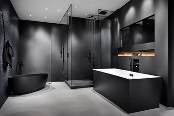 Tuinposter Modern matte black bathroom with a bathtub, sink, basin, shower. Beautiful washroom design illustration concept. Minimalist black and white sleek interior © abvbakarrr