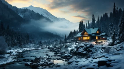 Foto op Canvas A lone cabin nestled in a snowy mountain forest, smoke rising from the chimney, peaceful and isolate © ProVector