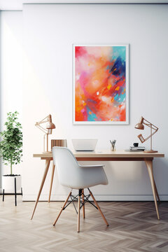 A mockup of a modern office space with a minimalist desk, a colorful abstract painting on the wall, and a simple, ergonomic chair.