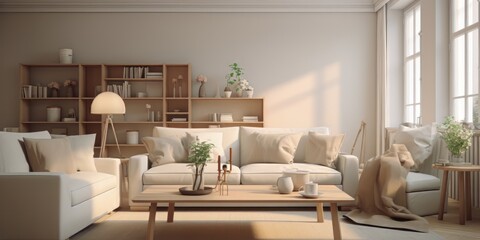 Fototapeta na wymiar Spacious living room with abundant furniture and windows