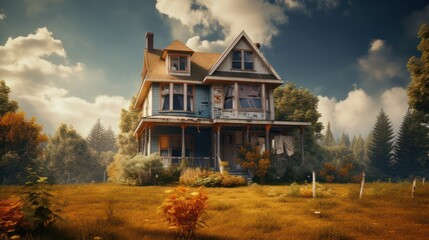 Illustration of an old, damaged, uninhabited and scary house, Halloween themed background. Property real estate illustration.