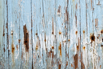 Une vieille porte en bois avec de la peinture bleue écaillée et des clous rouillés