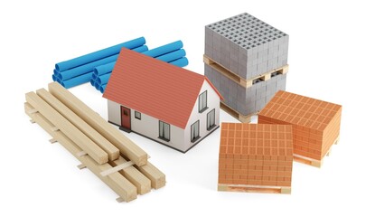 Collection of building or construction materials, bricks, concrete bricks, pvc pipes and wood beams around miniature house model over white background