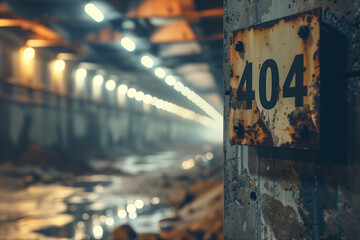 Abandoned underground passage with a rusty wall and a number 404 - obrazy, fototapety, plakaty