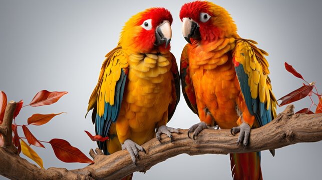 A pair of colorful parrots, perched side by side, their vibrant feathers standing out strikingly aga