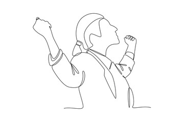 One continuous line drawing of expression when achieving goals. Teamwork concept single line draw design vector illustration. Dream come true. Achieving goals.