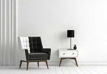 black and white chair and a lamp in a room with a white wall