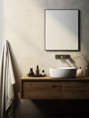Mockup poster in room interior with sink and toiletries - obrazy, fototapety, plakaty