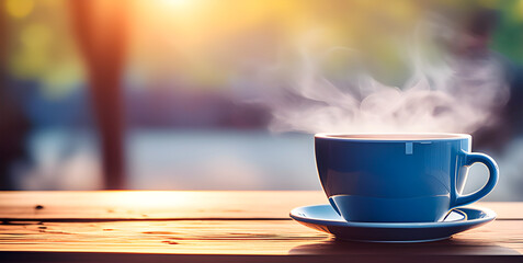 A hot cup of coffee on wooden table in the outdoors during summer or spring day. Copy space. Blurred background. - obrazy, fototapety, plakaty