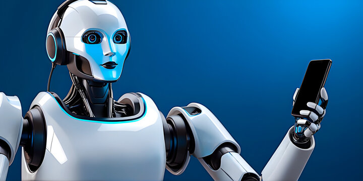 A robot holding a smartphone against blue background with copy space. 3d render style.