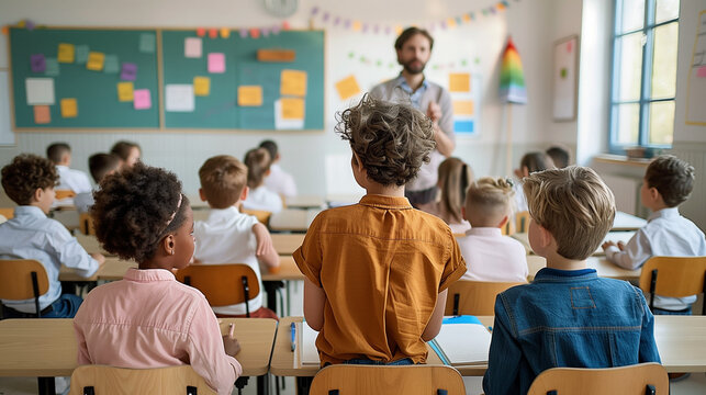 Teacher teaching a lesson in the school classroom with attentive students. Education and teacher's day.