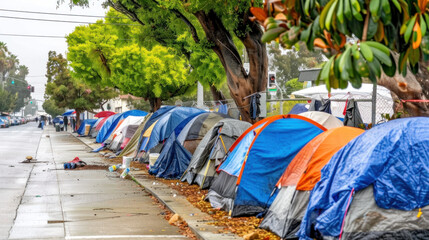 A line of colorful tents pitched on a city sidewalk under rainy conditions, with trees and scattered belongings visible - obrazy, fototapety, plakaty