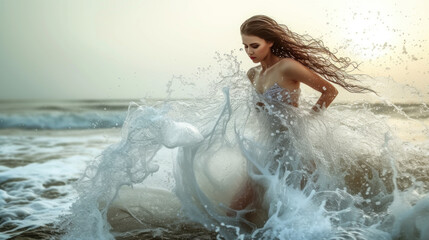 Obraz premium Goddess of fairy in magical dress walks on water, magical sea scene