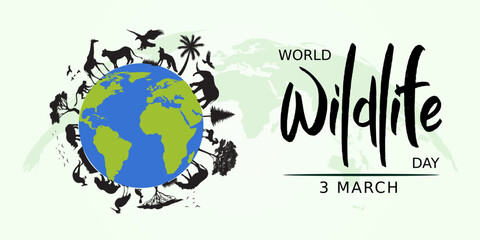 World Wildlife Day March 03, different animals around the globe in silhouette, concept is about the wildlife animals vector illustration design