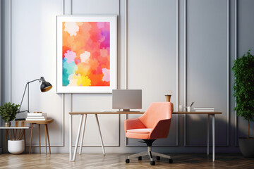 A realistic view of an office space, highlighting a blank white frame, minimalistic details, mockup elements, and a vivid display of simple, colorful tones, all captured in high definition.