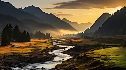 A serene mountain valley at dawn, mist rising from the meadows, rugged peaks in the background bathe