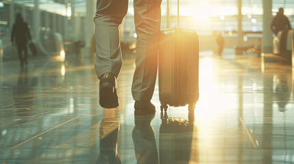 Sunlight filters through an airport terminal, casting a warm glow on a traveler with a silver suitcase. The polished floor reflects the hustle and bustle of the busy transit space