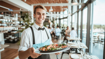 Fototapeta na wymiar Male caucasian waiter holding dish in restaurant