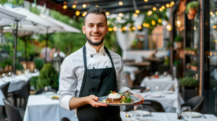 Confident restaurant waiter is serving dishes on summer restaurant patio