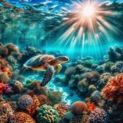 Leatherback turtle swims across beautiful coral reef

