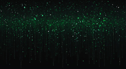 Shiny green glitter rain draping down on black background, sparkling particles celebration background, for party, poster, greeting card, Christmas and St Patrick's Day